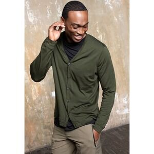 Paskho Men's Intrinsic Merino Travel Cardigan Sweater in Olive Green Medium
